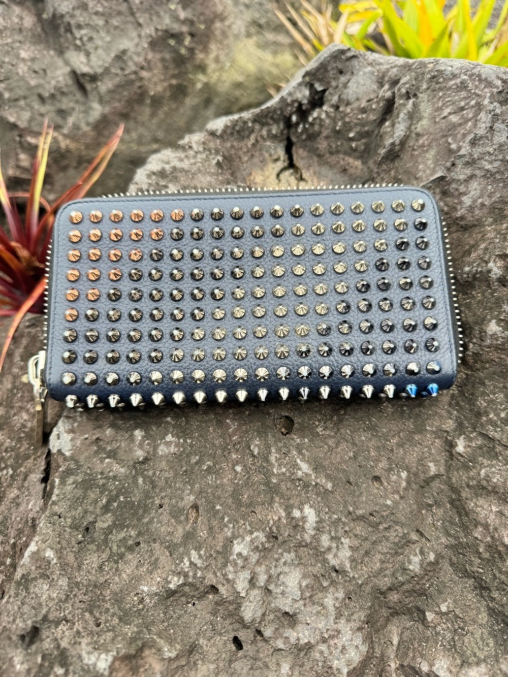 Christian Louboutin Studded Zip Around Wallet Multicolor Spikes Red Interior